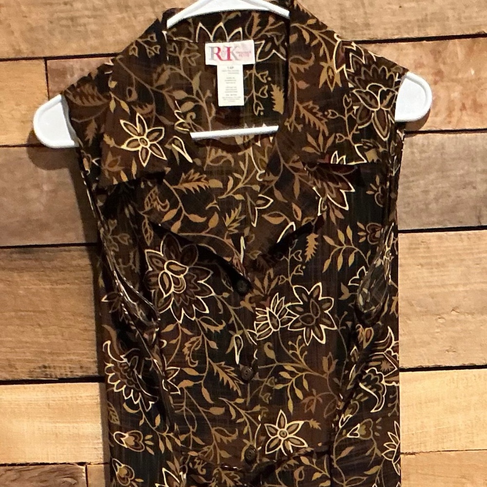 R & K Vintage Brown Floral Sleeveless Pencil Sheath Dress 14P Maxi Slimming Chic